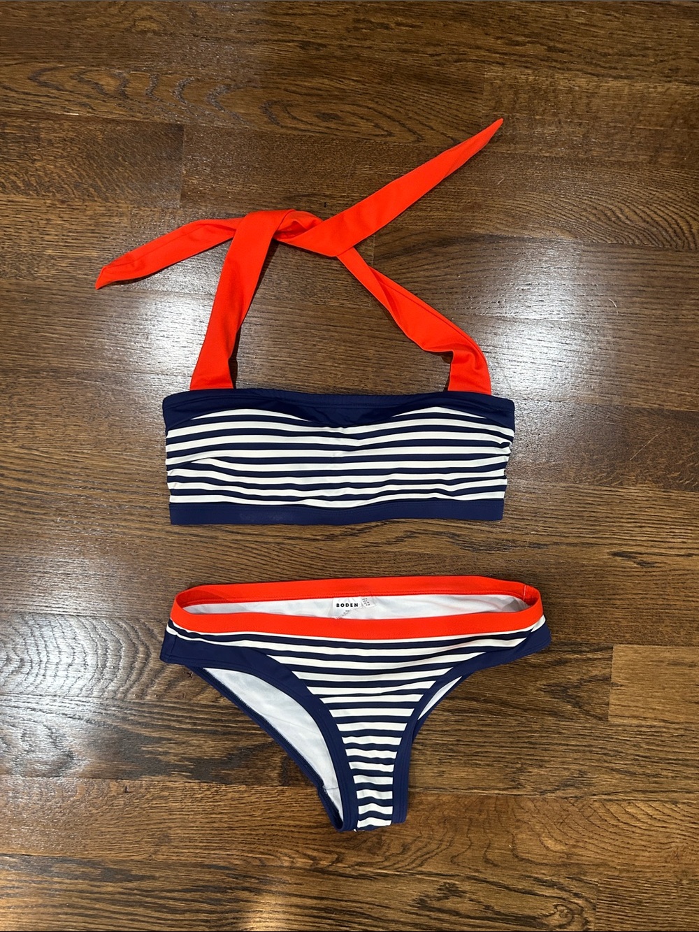 Women’s Boden Santorini Navy & White Striped Bikini with Orange Halter Straps